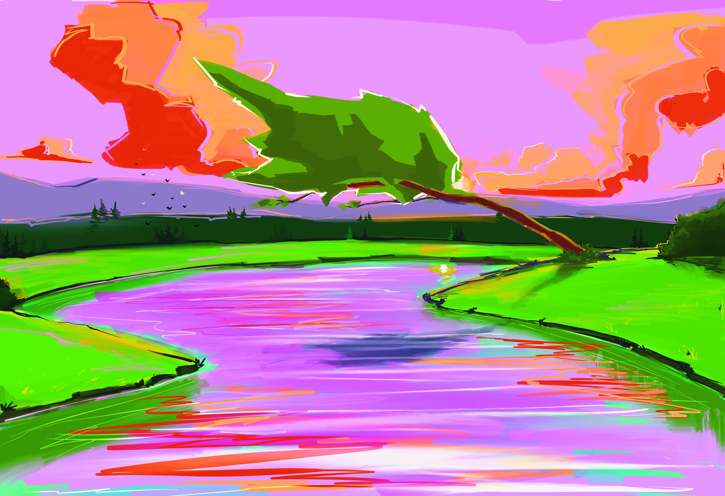 Tree in a Pink Sky — Digital Painting by Gary Keeler