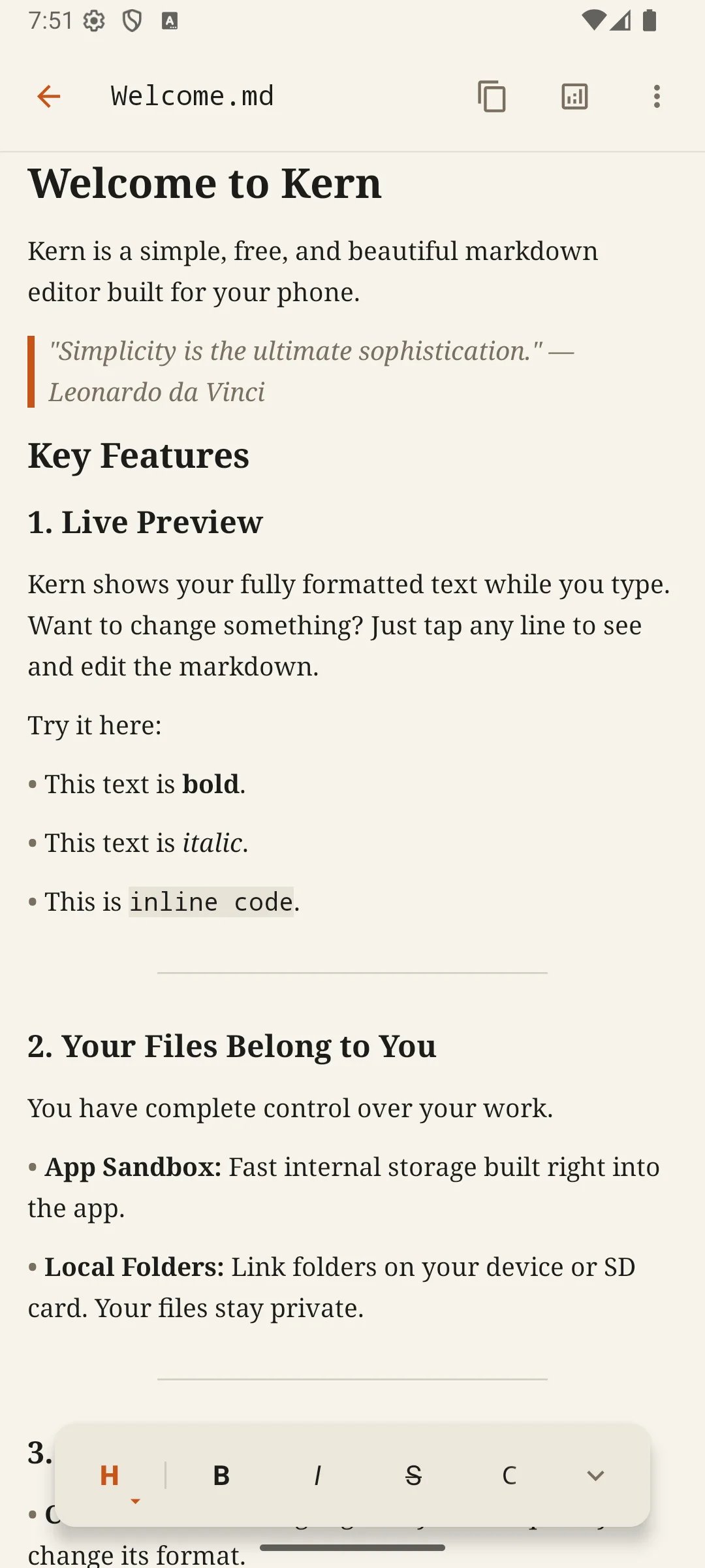 Kern Android Markdown editor displaying live formatted content